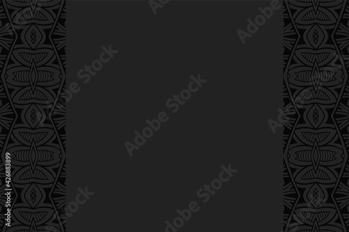 Geometric volumetric convex black background. Ethnic African, Mexican, Indian motives. Doodling style. 3D embossed national traditional pattern. Vertical inserts. 