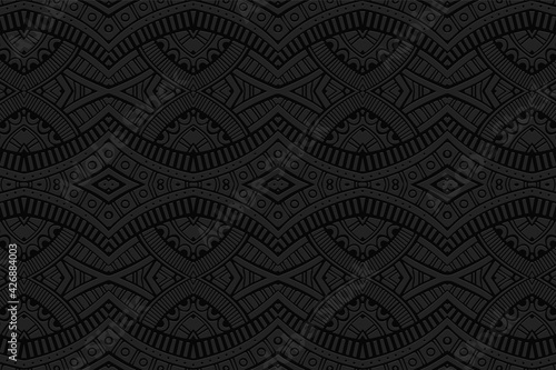 Geometric volumetric convex black background. Ethnic African, Mexican, Indian motives. Doodling style. 3D relief figured horizontal pattern.