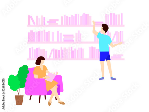 Vector stock illustration.Woman reading in a chair in the library. Man chooses a book on the shelf. Flat design