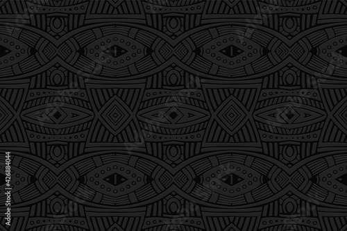 Geometric volumetric convex black background. Ethnic African, Mexican, Indian motives. Doodling style. 3d embossed beautiful stylish pattern.