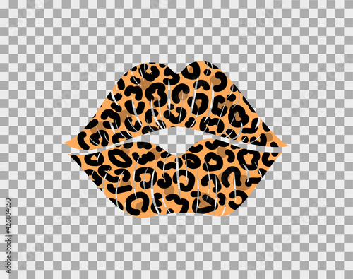 Kissing lips with leopard print isolated on a transparent background for poster or banner. Vector stock illustration.
