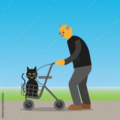 Senior man taking a walk with his cat and walking rollator.