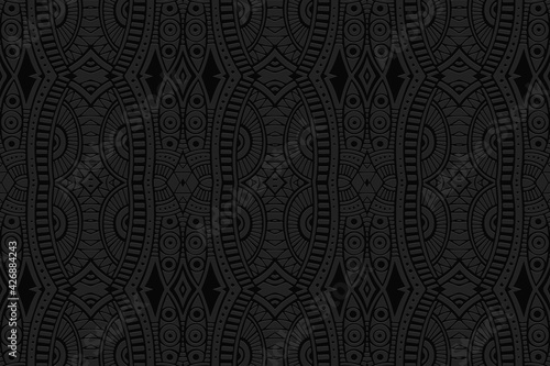 Geometric volumetric convex black background. Ethnic African, Mexican, Indian motives. Doodling style. 3D relief original decorative pattern.