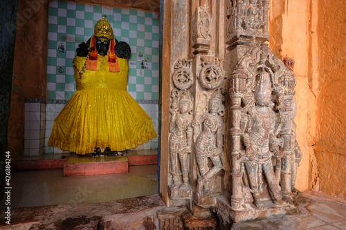 Detail of the Shri Omkar Mandhata located on the island of Mandhata in the Narmada River in Omkareshwar, Madhya Pradesh, India. photo