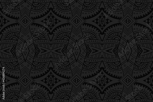 Geometric volumetric convex black background. Ethnic African, Mexican, Indian motives. Doodling style. 3d embossed national stylish fashion pattern.
