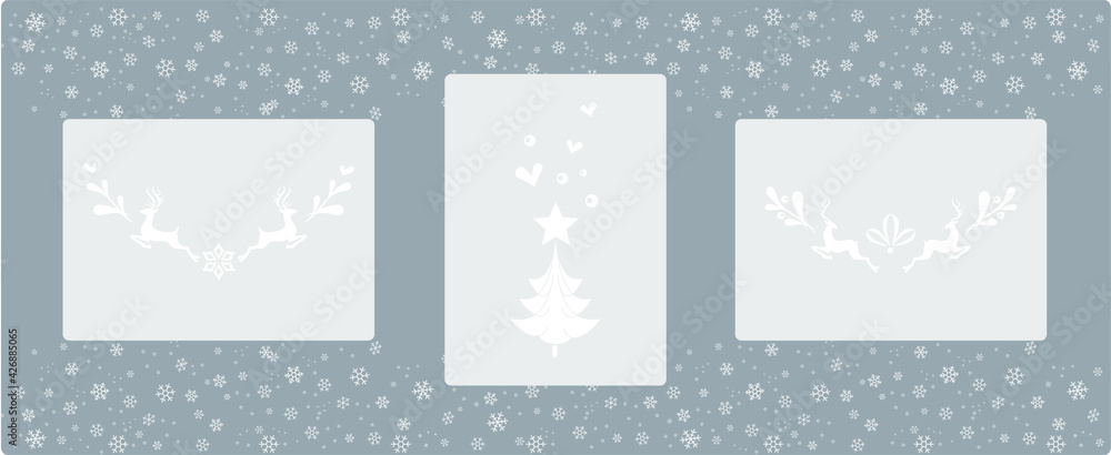 Beautiful design of Christmas items for greeting cards and banners: silhouettes of Christmas tree, stars, deers, winter twigs and snowflakes. Snowfall border and light gray design elements. Beautiful design of Christmas items for greeting cards and banners: silhouettes of Christmas tree, stars, deers, winter twigs and snowflakes. Snowfall border and light gray design elements.
