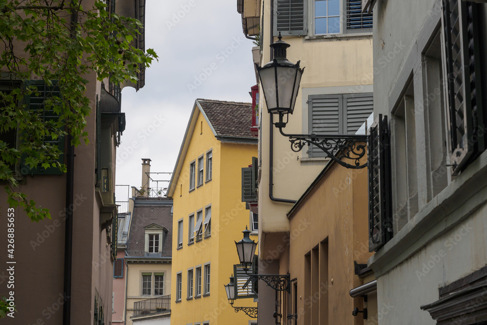 Facades of houses in old Zurich, Switzerland