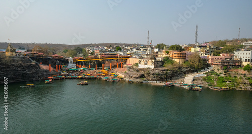 Omkareshwar, India - March 2021: Views of Omkareshwar from Mandhata Island located on the Narmada River on March 20, 2021 in Madhya Pradesh, India.