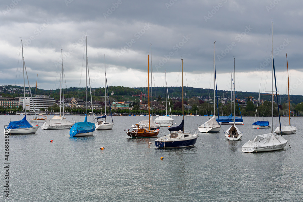 Yachts after season closure on Lake Zurich, Switzerland