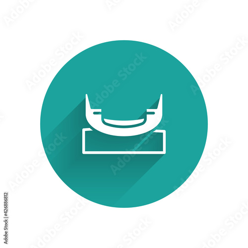 White Boat swing icon isolated with long shadow. Childrens entertainment playground. Attraction riding ship, swinging boat. Amusement park. Green circle button. Vector