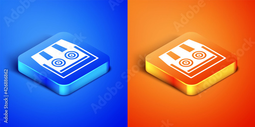 Isometric Shooting gallery icon isolated on blue and orange background. Shooting range. Square button. Vector