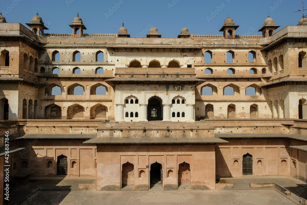 Detail of the Raj Mahal Palace in Orchha, Madhya Pradesh, India.