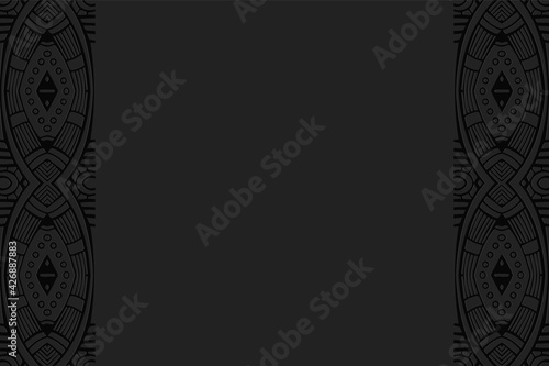 Geometric volumetric convex black background. Ethnic African, Mexican, Indian motives. Doodling style. 3D embossed beautiful stylish pattern. Vertical inserts.