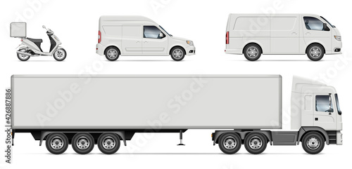 Delivery vehicles vector mockup for vehicle branding, advertising, corporate identity. Truck, van, motorcycle, minivan with side view on white background. All elements in the groups on separate layers
