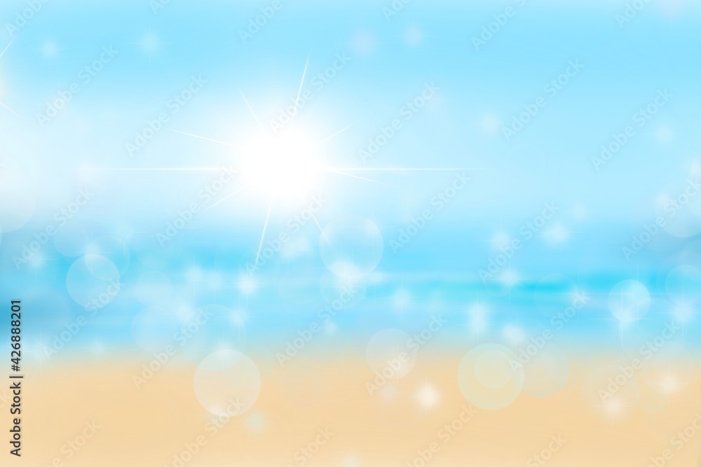 Fototapeta premium Illustration von traumhafter, tropischer Strand mit Palmen, Strandsand, blaues Wasser, Glitzer und Sunflares