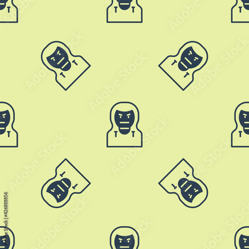 Blue Thief mask icon isolated seamless pattern on yellow background. Bandit mask, criminal man. Vector