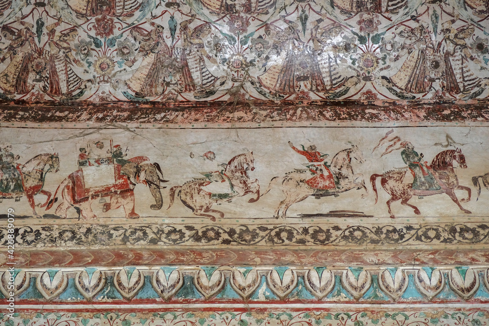 Detail of a mural from the Raj Mahal Palace in Orchha, Madhya Pradesh, India.