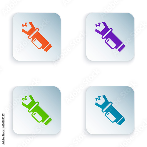 Color Police electric shocker icon isolated on white background. Shocker for protection. Taser is an electric weapon. Set colorful icons in square buttons. Vector