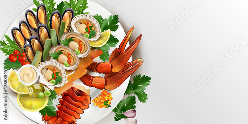 Seafood dish with mussels, lobster, scallops and red caviar.