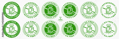 Concept for plastic products. Labeling - no estrogenic activity. The crossed out plastic EA bottle with a flowing line is a symbol of no estrogen activity. Vector grouped elements.
