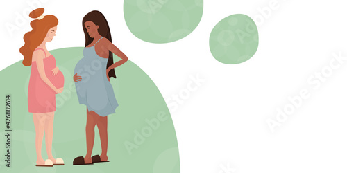 Concept template banner design about childbirth, motherhood, parenthood, support during unplanned pregnancy. Black and white pregnant women communicate. Advertising of artificial insemination