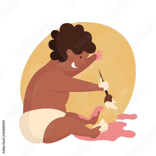Little black fat funny toddler boy sitting on the floor. Baby brawler playing with paints. Children's games. Flat illustration of a child drawing. Hands and feet in paint. Kindergarten, art school