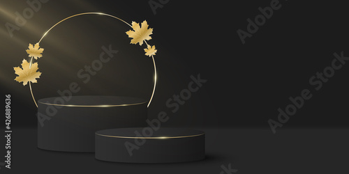 Stylish minimal scene and gold circle with golden autumn leaf. Mock up to display your cosmetic product. 3D vector stage or podium. Light beam effect. Seasonal background.