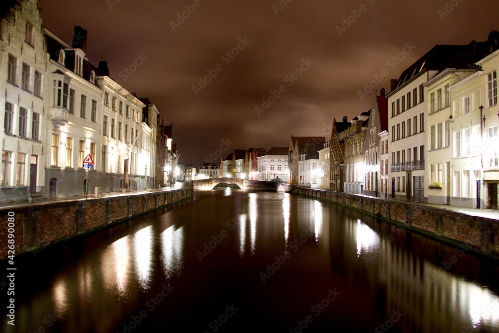 Night view of one of the Bruges canal, Belgium 