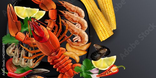 Seafood dish with lobster, shrimps and corn cobs.
