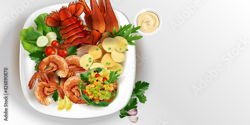Lobster and shrimps with vegetables on a white plate.