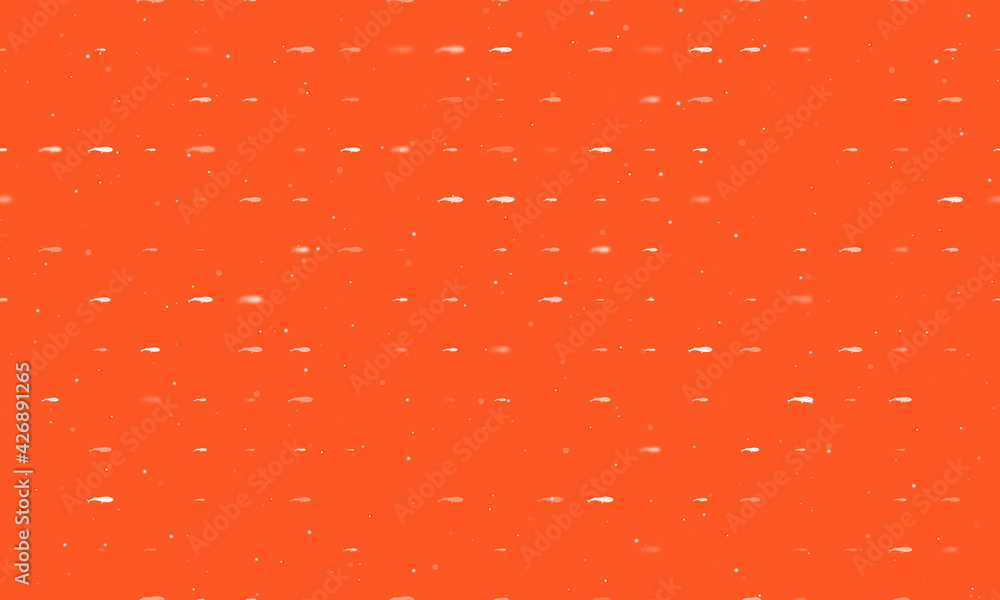 Seamless background pattern of evenly spaced white whale symbols of different sizes and opacity. Vector illustration on deep orange background with stars Seamless background pattern of evenly spaced white whale symbols of different sizes and opacity. Vector illustration on deep orange background with stars