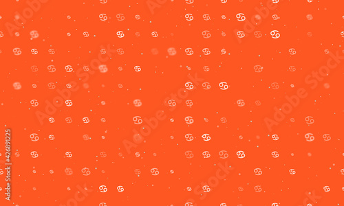 Seamless background pattern of evenly spaced white cancer zodiac symbols of different sizes and opacity. Vector illustration on deep orange background with stars