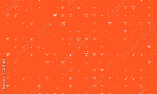 Seamless background pattern of evenly spaced white zodiac aries symbols of different sizes and opacity. Vector illustration on deep orange background with stars