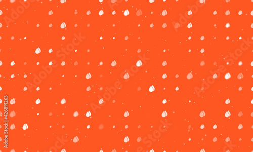 Seamless background pattern of evenly spaced white water drop symbols of different sizes and opacity. Vector illustration on deep orange background with stars