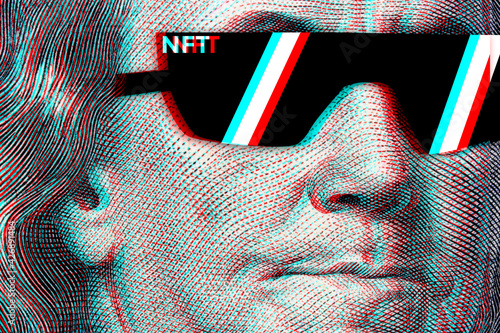 Concept cryptographic nft on a hundred-dollar bill franklin in glasses photo