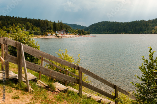 View on the lake Schluchsee, the biggest lake in the Black Forest. Breisgau-Hochschwarzwald, Baden-Württemberg, Germany