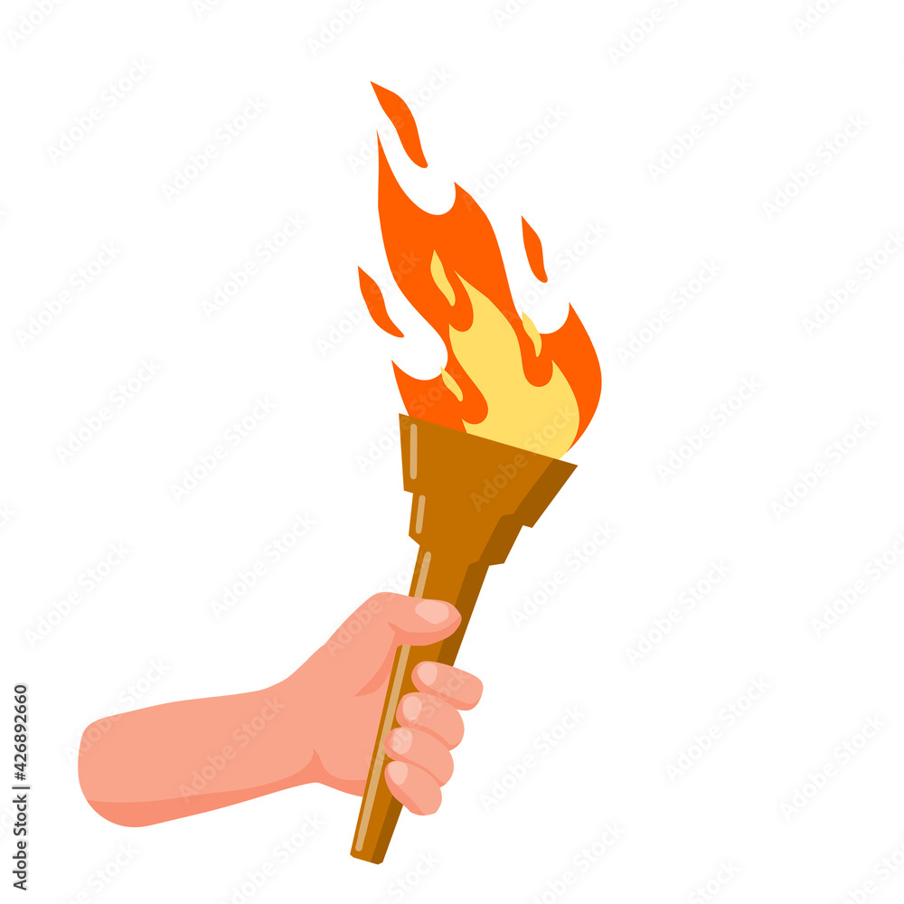 Hand holding torch. Symbol of Olympic Flame and sports. Education and