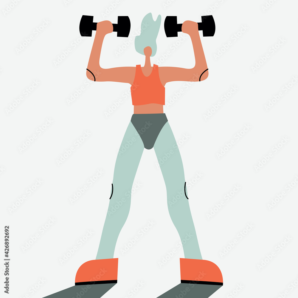 Vector illustration with woman doing sport with dumbbell. Cartoon character Vector illustration with woman doing sport with dumbbell. Cartoon character