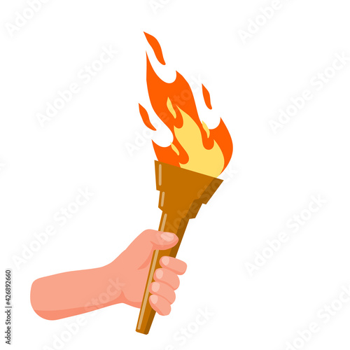 Hand holding torch. Symbol of Olympic Flame and sports. Education and lighting. Flat cartoon illustration