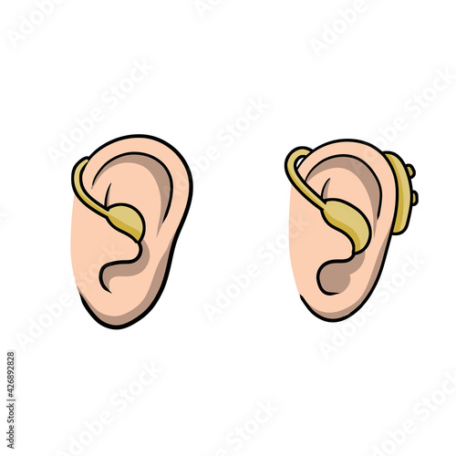 Hearing aid. Hearing problems and disabilities. Set of Cartoon illustration. Audiphone in ear