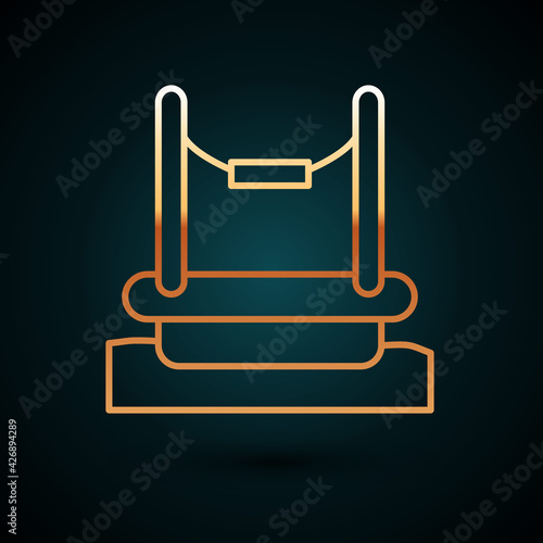 Gold line Bungee trampoline attraction with metal ladder icon isolated on dark blue background. Vector