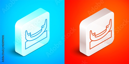 Isometric line Boat swing icon isolated on blue and red background. Childrens entertainment playground. Attraction riding ship, swinging boat. Amusement park. Silver square button. Vector