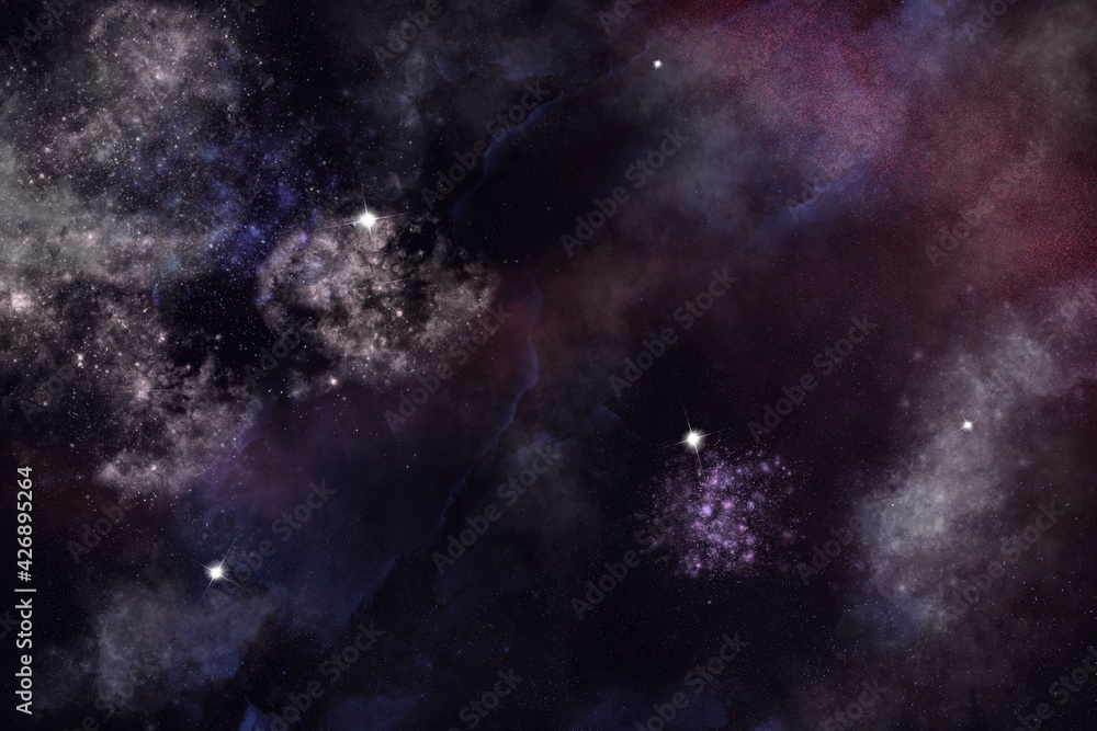 One off digitally created fantasy outer space galaxy scene with nebulas and star fields