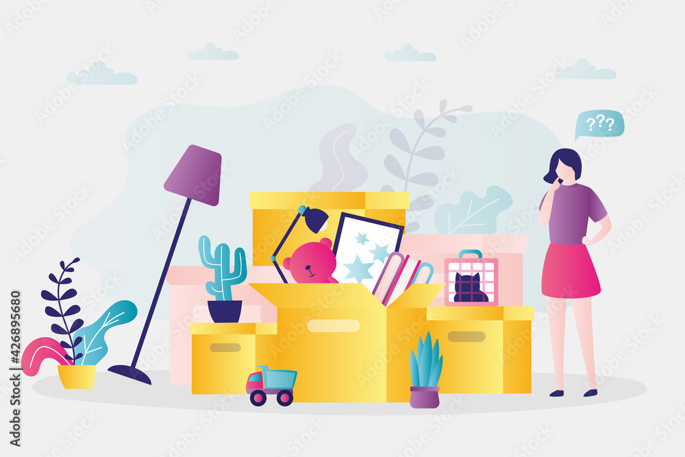 Paper cardboard boxes with various household items. Female character thinks about problems of moving to new home Paper cardboard boxes with various household items. Female character thinks about problems of moving to new home