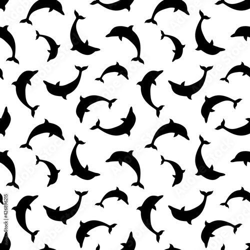 Vector seamless pattern with black dolphins silhouettes on a white background.