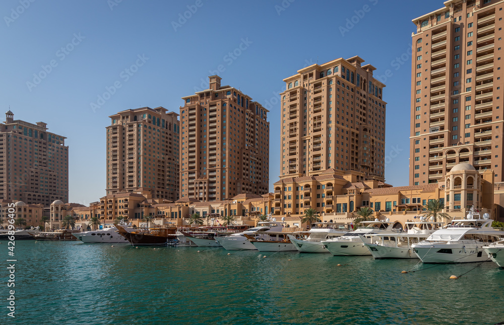 View from the Pearl Qatar, a new residential area with a marina in the middle, Qatar.