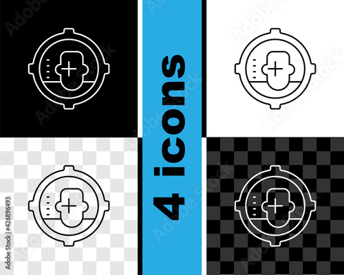 Set line Headshot icon isolated on black and white, transparent background. Sniper and marksman is shooting on the head of man, lethal attack, assault and assassination. Vector