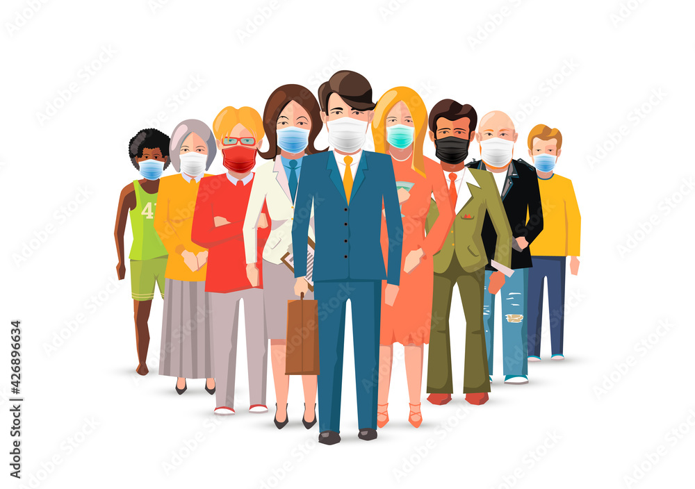 Obraz premium International business team wear masks to protect from COVID on white, concept horizontal flat illustration