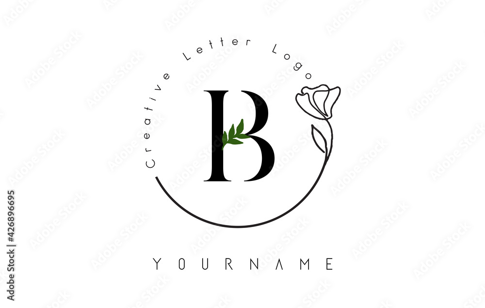 Creative initial letter B logo with lettering circle hand drawn flower element and leaf. Creative initial letter B logo with lettering circle hand drawn flower element and leaf.