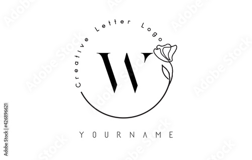 Creative initial letter W logo with lettering circle hand drawn flower element and leaf.